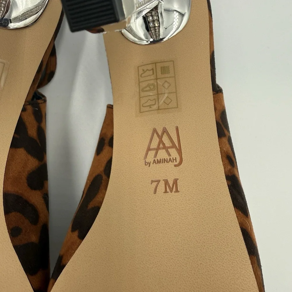 Amina Muaddi Leopard Print Slingback Crystal Heel Pumps Women's‎ Size 7M